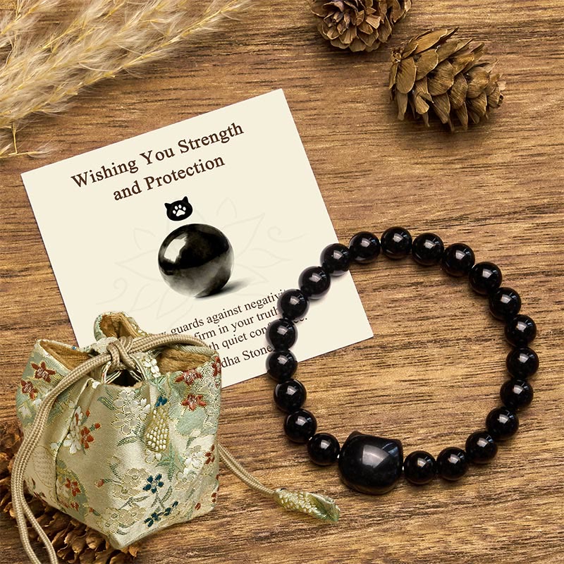 Buddha Stones "Wishing You Strength and Protection" Cat Onyx Bracelet Includes Gift Message Card