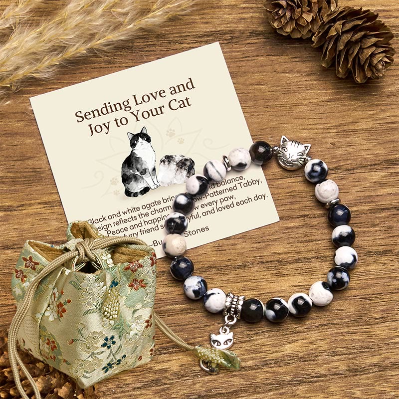 Buddha Stones "Sending Love and Joy to Your Cat" Cat Agate Bracelet Includes Gift Message Card