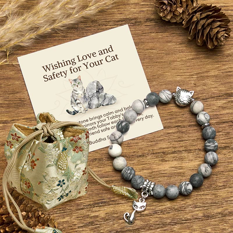 Buddha Stones "Wishing Love and Safety for Your Cat" Grey Tabby Bracelet Includes Gift Message Card