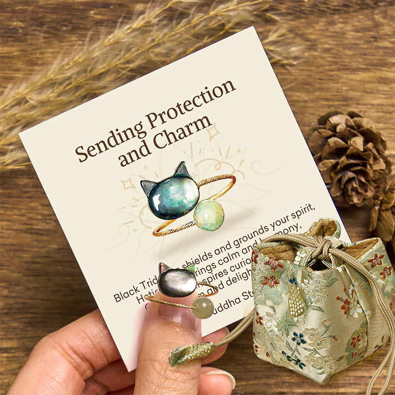 Buddha Stones "Sending Protection and Charm" Tridacna Stone Cat Ring Includes Gift Message Card