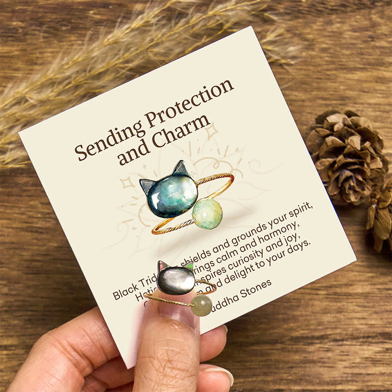 Buddha Stones "Sending Protection and Charm" Tridacna Stone Cat Ring Includes Gift Message Card