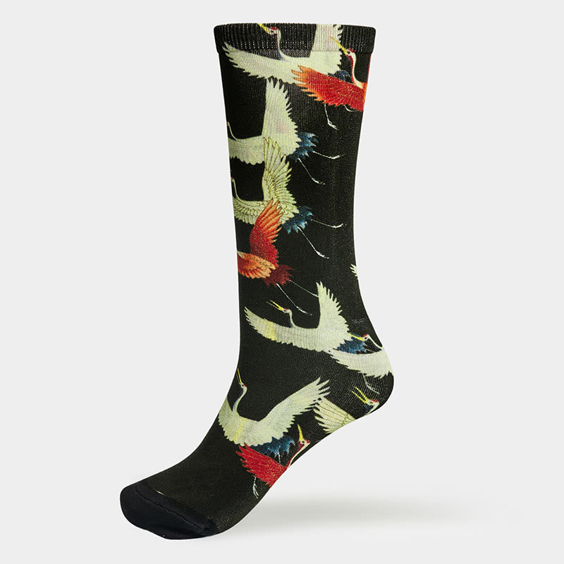 Buddha Stones "Be Present" Casual White Red Cranes Men Women Unisex Socks Includes Gift Message Card
