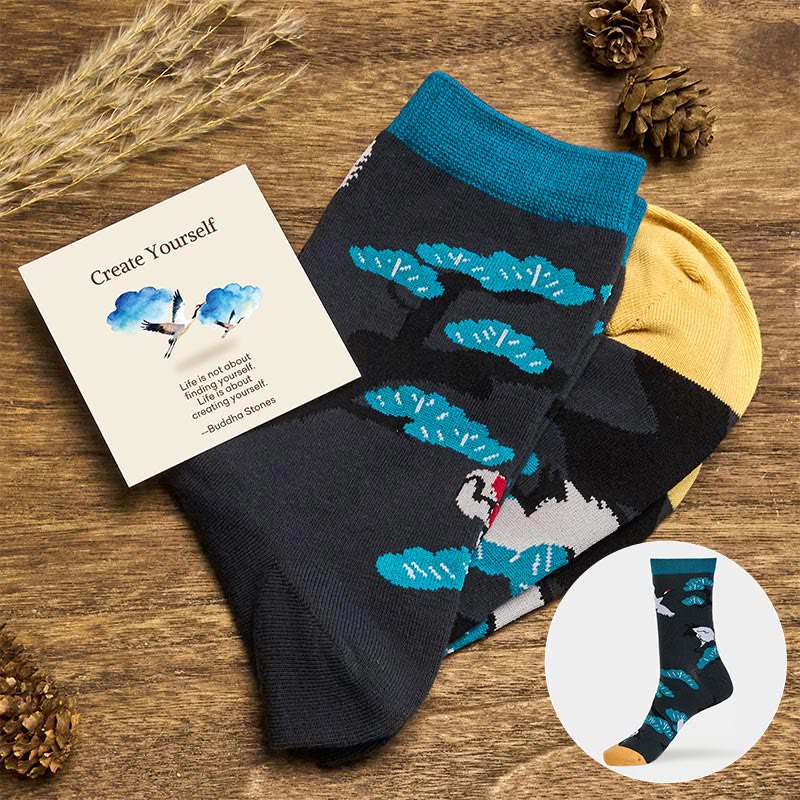 Buddha Stones "Create Yourself" White Crane Pine Tree Women's Socks Includes Gift Message Card