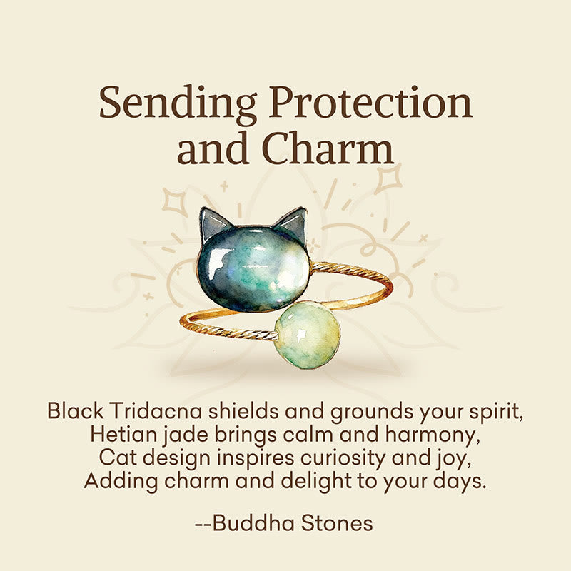 Buddha Stones "Sending Protection and Charm" Tridacna Stone Cat Ring Includes Gift Message Card