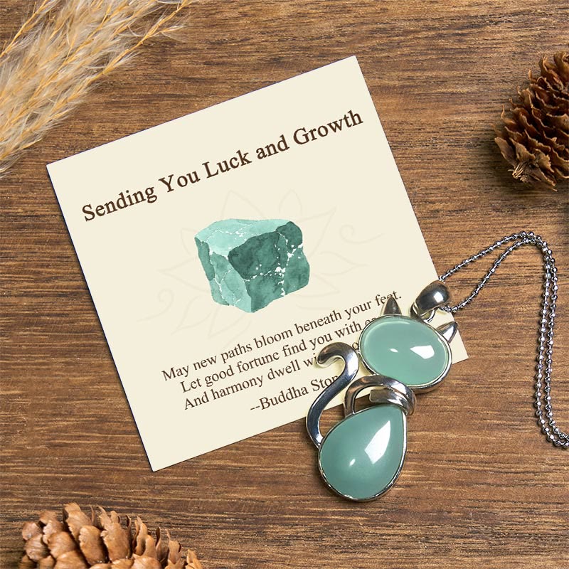 Buddha Stones "Sending You Luck and Growth" Cat Green Aventurine Necklace Includes Gift Message Card
