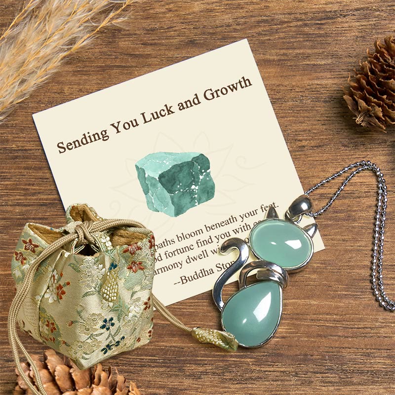 Buddha Stones "Sending You Luck and Growth" Cat Green Aventurine Necklace Includes Gift Message Card