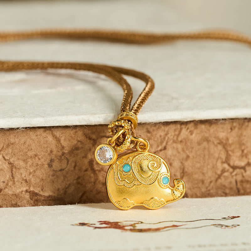 Buddha Stones "May Strength Be With You" 24k Gold Plated Brass Elephant Necklace Includes Gift Message Card