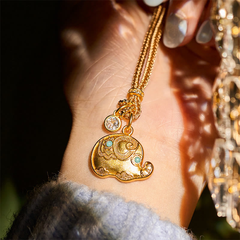 Buddha Stones "May Strength Be With You" 24k Gold Plated Brass Elephant Necklace Includes Gift Message Card