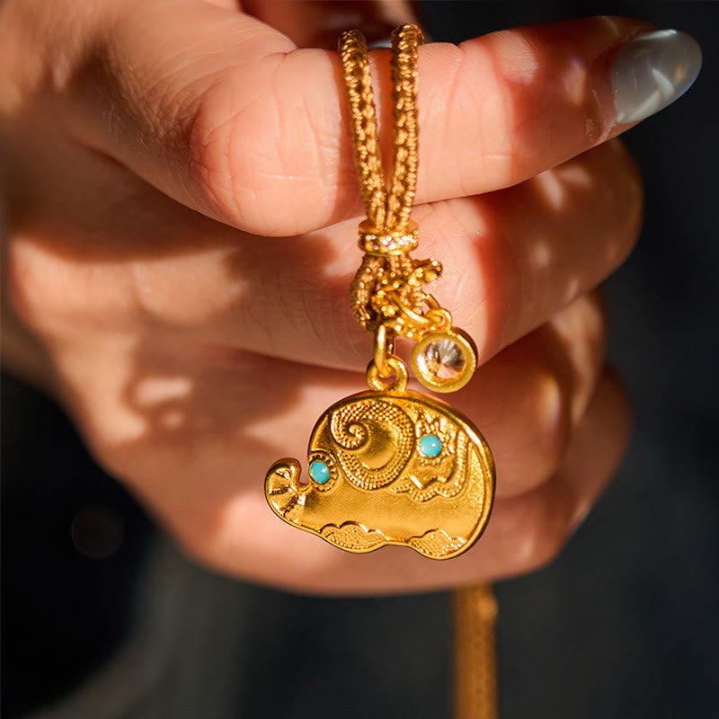 Buddha Stones "May Strength Be With You" 24k Gold Plated Brass Elephant Necklace Includes Gift Message Card