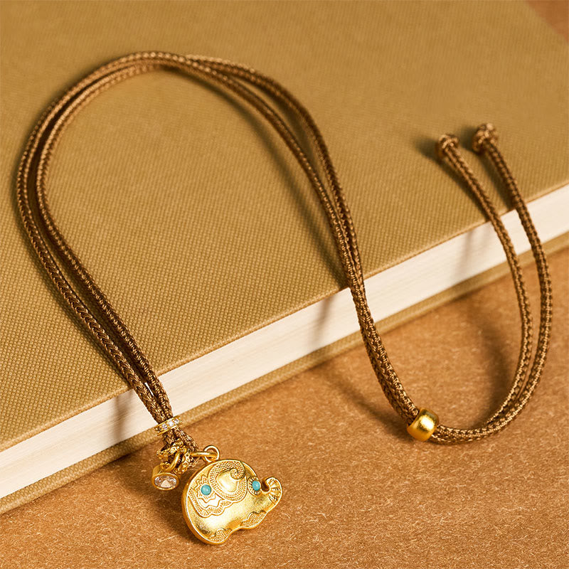 Buddha Stones "May Strength Be With You" 24k Gold Plated Brass Elephant Necklace Includes Gift Message Card