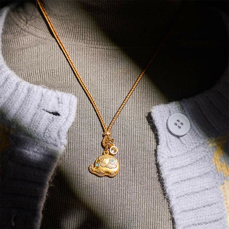 Buddha Stones "May Strength Be With You" 24k Gold Plated Brass Elephant Necklace Includes Gift Message Card