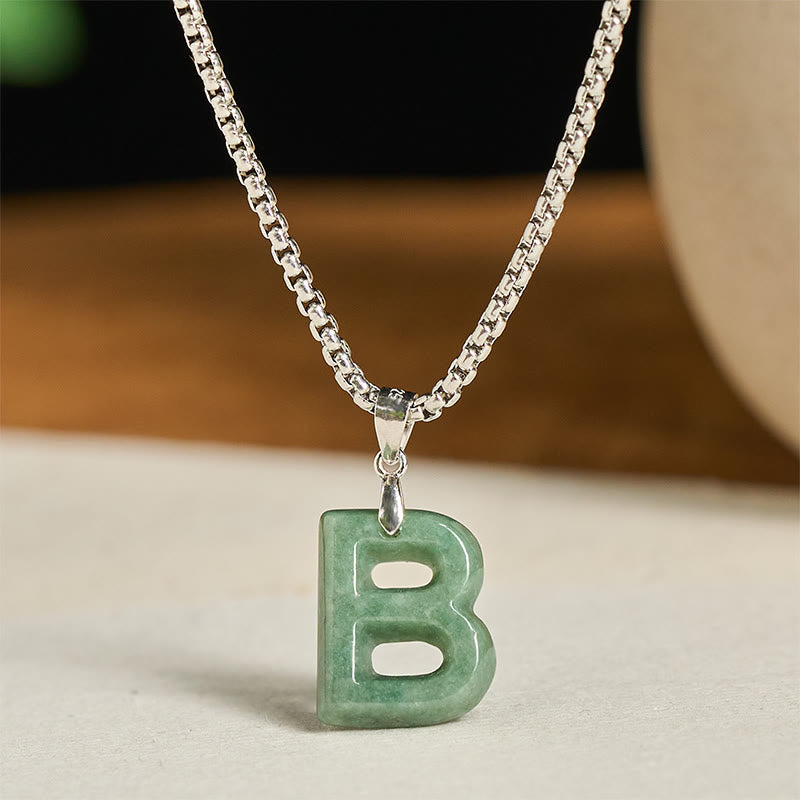 Buddha Stones "May You Find Your Own Meaning" Natural A-Z Letter Jade Titanium Steel Chain Necklace Includes Gift Message Card