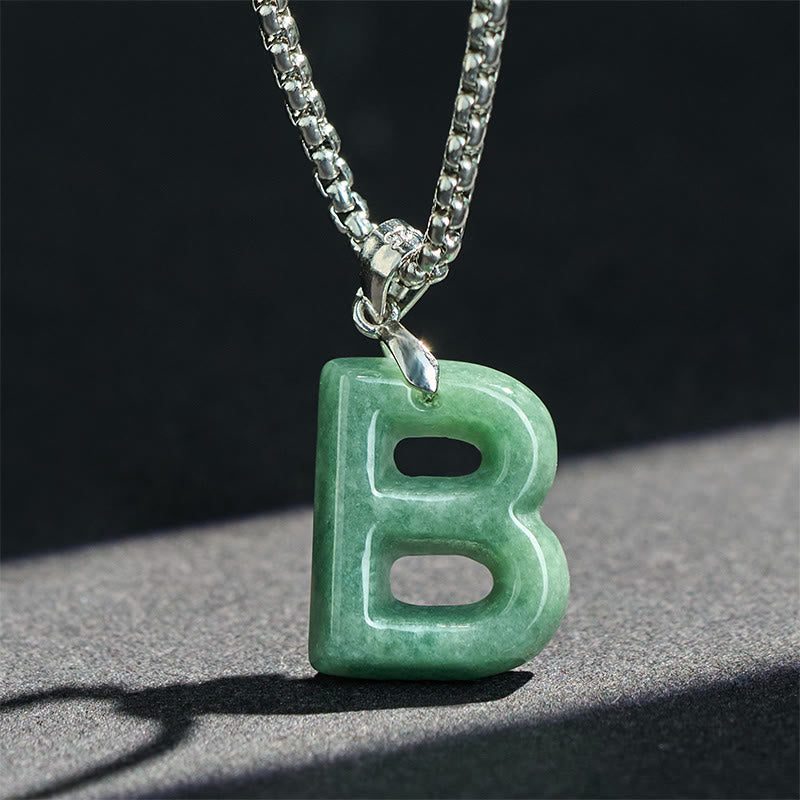 Buddha Stones "May You Find Your Own Meaning" Natural A-Z Letter Jade Titanium Steel Chain Necklace Includes Gift Message Card