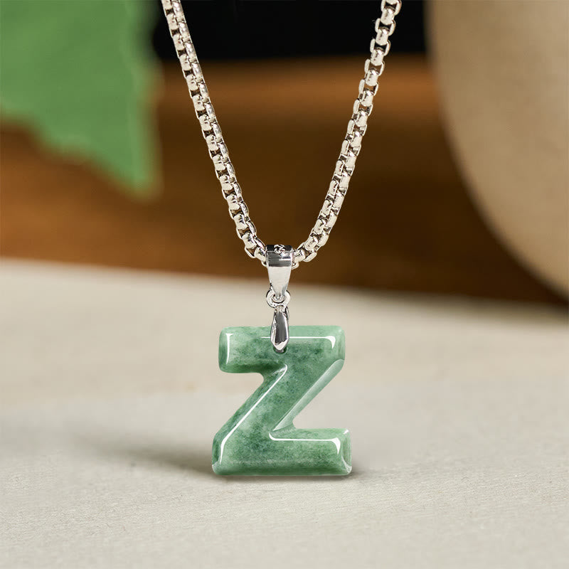 Buddha Stones "May You Find Your Own Meaning" Natural A-Z Letter Jade Titanium Steel Chain Necklace Includes Gift Message Card