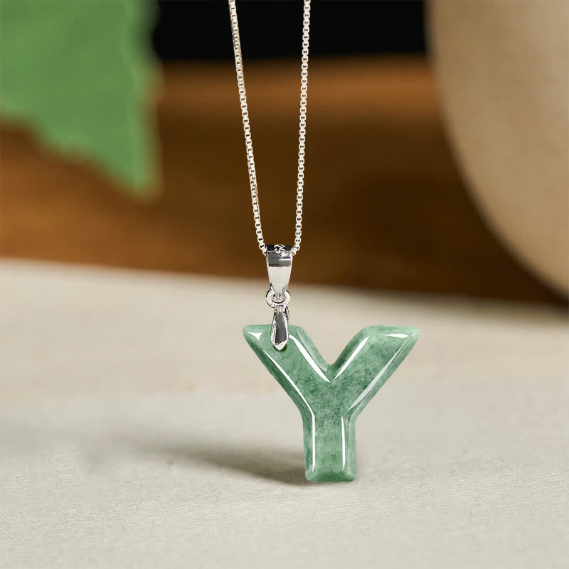 Buddha Stones "May You Find Your Own Meaning" Natural A-Z Letter Jade Titanium Steel Chain Necklace Includes Gift Message Card