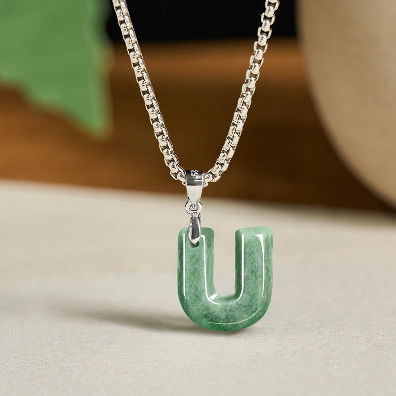 Buddha Stones "May You Find Your Own Meaning" Natural A-Z Letter Jade Titanium Steel Chain Necklace Includes Gift Message Card