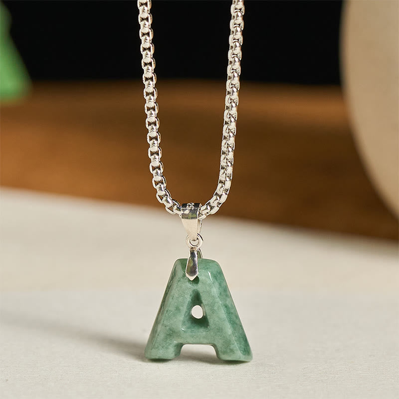 Buddha Stones "May You Find Your Own Meaning" Natural A-Z Letter Jade Titanium Steel Chain Necklace Includes Gift Message Card