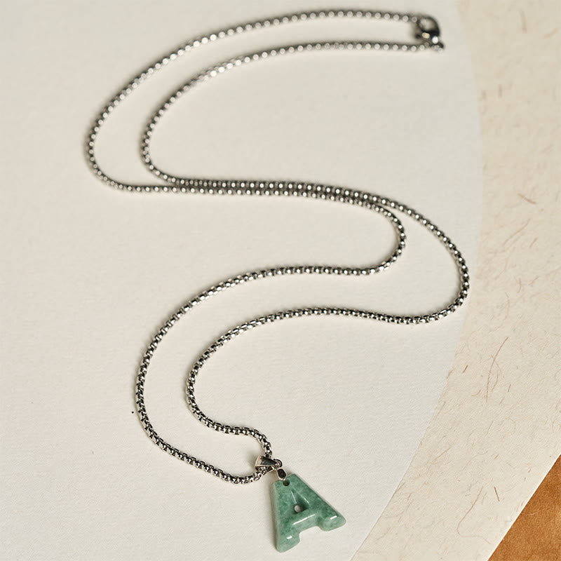 Buddha Stones "May You Find Your Own Meaning" Natural A-Z Letter Jade Titanium Steel Chain Necklace Includes Gift Message Card