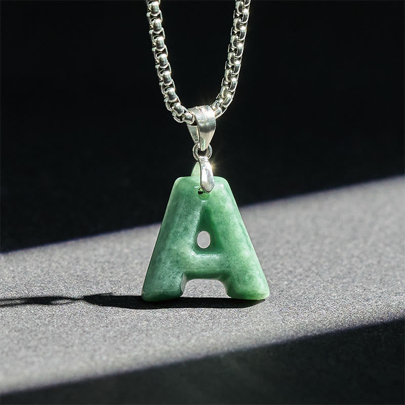 Buddha Stones "May You Find Your Own Meaning" Natural A-Z Letter Jade Titanium Steel Chain Necklace Includes Gift Message Card