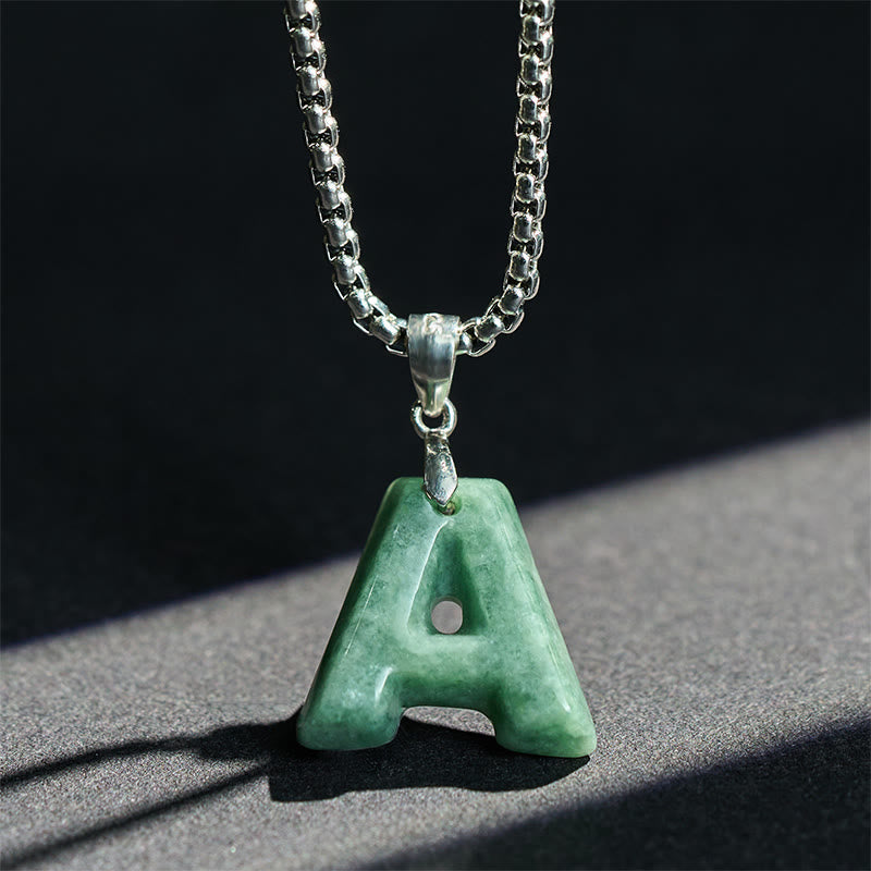 Buddha Stones "May You Find Your Own Meaning" Natural A-Z Letter Jade Titanium Steel Chain Necklace Includes Gift Message Card