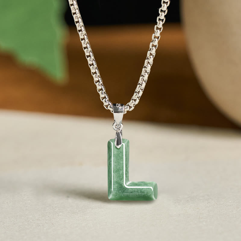 Buddha Stones "May You Find Your Own Meaning" Natural A-Z Letter Jade Titanium Steel Chain Necklace Includes Gift Message Card
