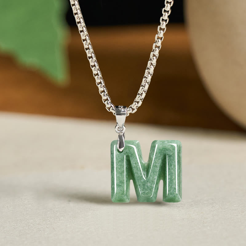 Buddha Stones "May You Find Your Own Meaning" Natural A-Z Letter Jade Titanium Steel Chain Necklace Includes Gift Message Card