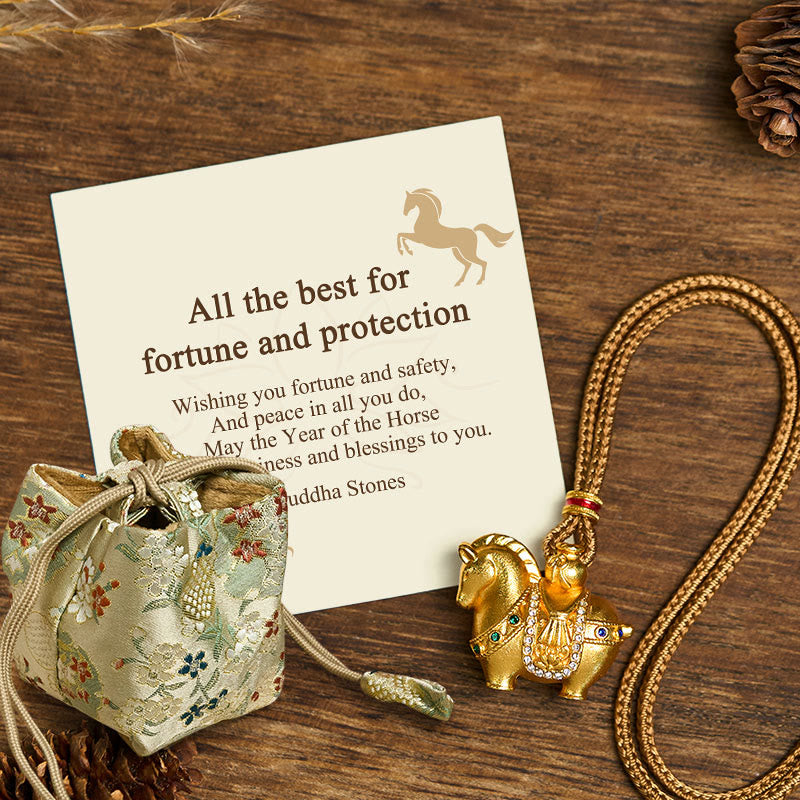 Buddha Stones "All The Best For Fortune And Protection" Year Of The Horse 24k Gold Plated Brass Necklace Includes Gift Message Card