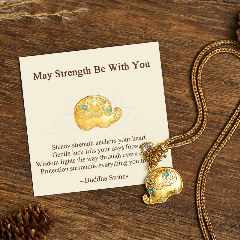 Buddha Stones "May Strength Be With You" 24k Gold Plated Brass Elephant Necklace Includes Gift Message Card