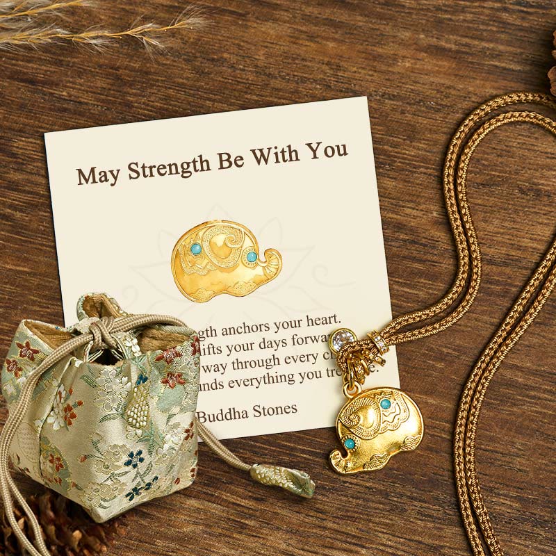 Buddha Stones "May Strength Be With You" 24k Gold Plated Brass Elephant Necklace Includes Gift Message Card