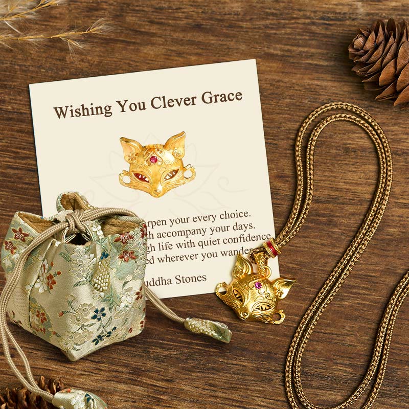 Buddha Stones "Wishing You Clever Grace" 24k Gold Plated Brass Fox Necklace Includes Gift Message Card