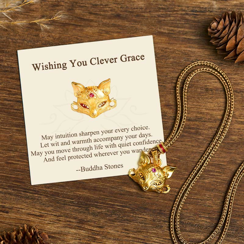 Buddha Stones "Wishing You Clever Grace" 24k Gold Plated Brass Fox Necklace Includes Gift Message Card