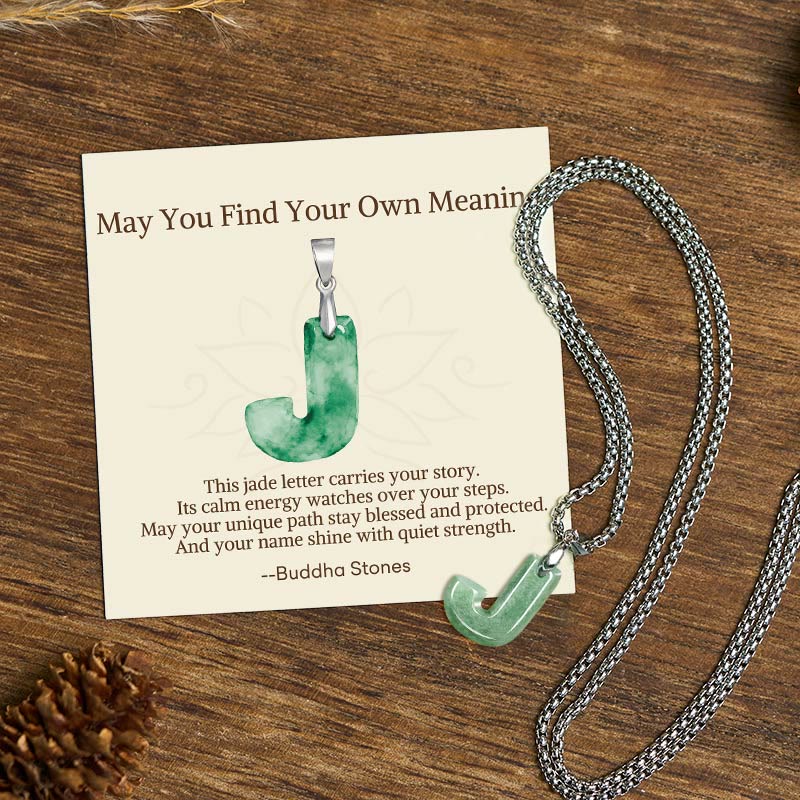 Buddha Stones "May You Find Your Own Meaning" Natural A-Z Letter Jade Titanium Steel Chain Necklace Includes Gift Message Card