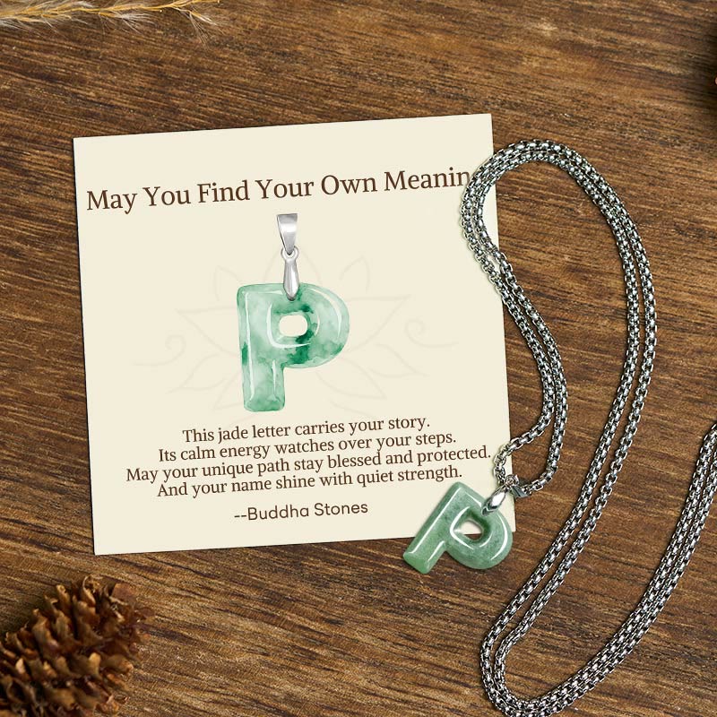 Buddha Stones "May You Find Your Own Meaning" Natural A-Z Letter Jade Titanium Steel Chain Necklace Includes Gift Message Card