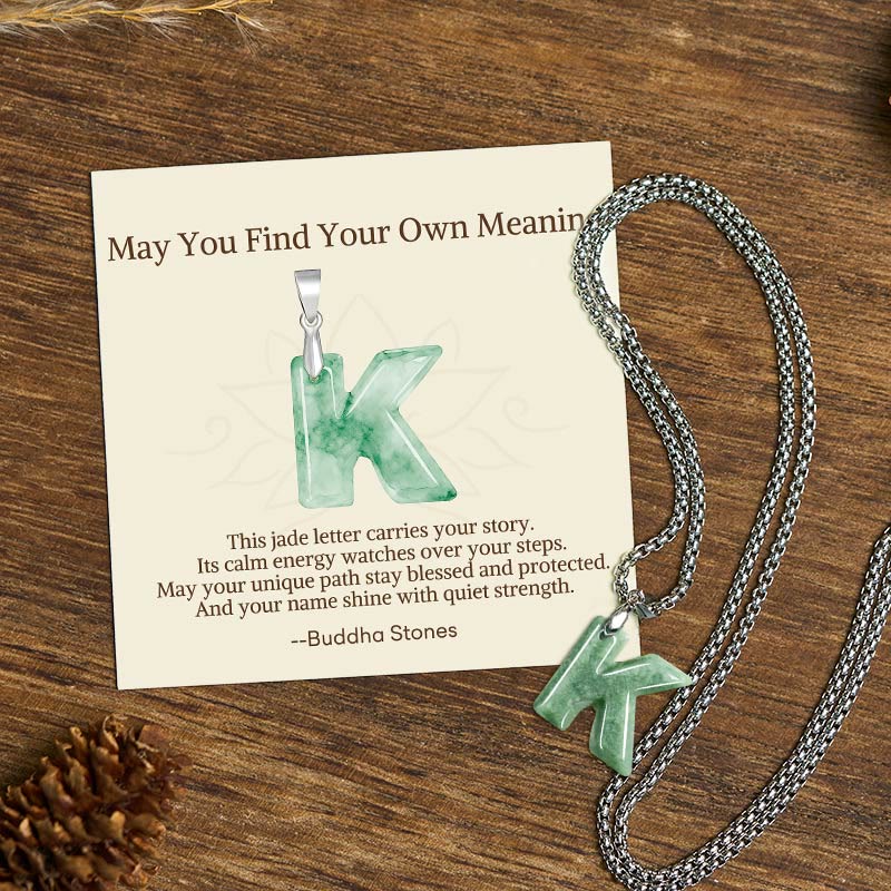 Buddha Stones "May You Find Your Own Meaning" Natural A-Z Letter Jade Titanium Steel Chain Necklace Includes Gift Message Card