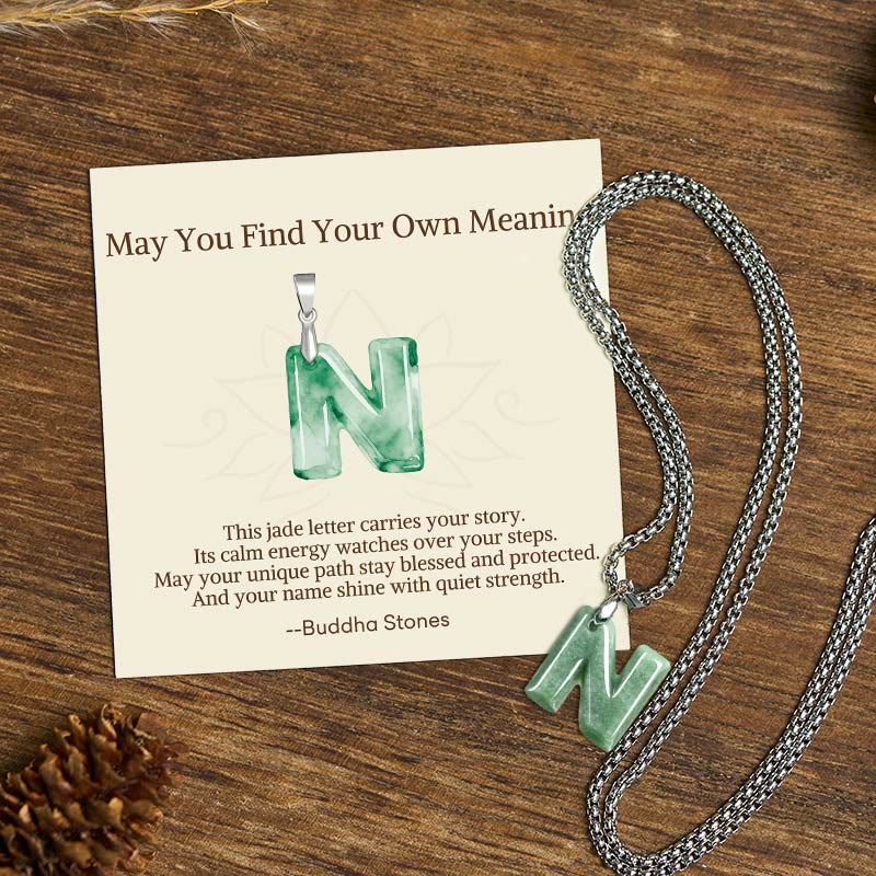 Buddha Stones "May You Find Your Own Meaning" Natural A-Z Letter Jade Titanium Steel Chain Necklace Includes Gift Message Card