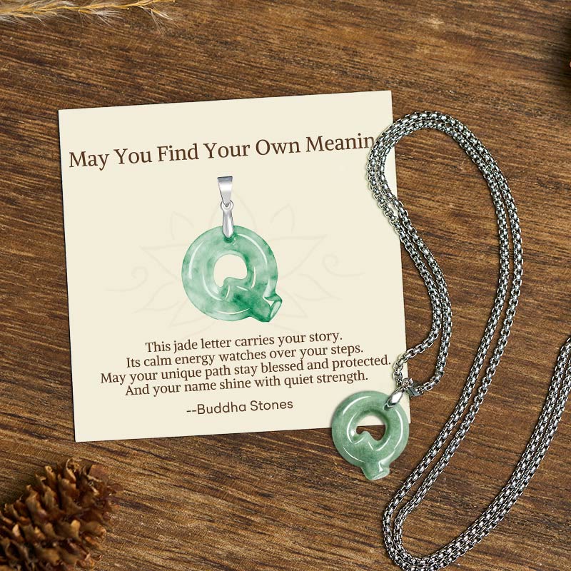 Buddha Stones "May You Find Your Own Meaning" Natural A-Z Letter Jade Titanium Steel Chain Necklace Includes Gift Message Card