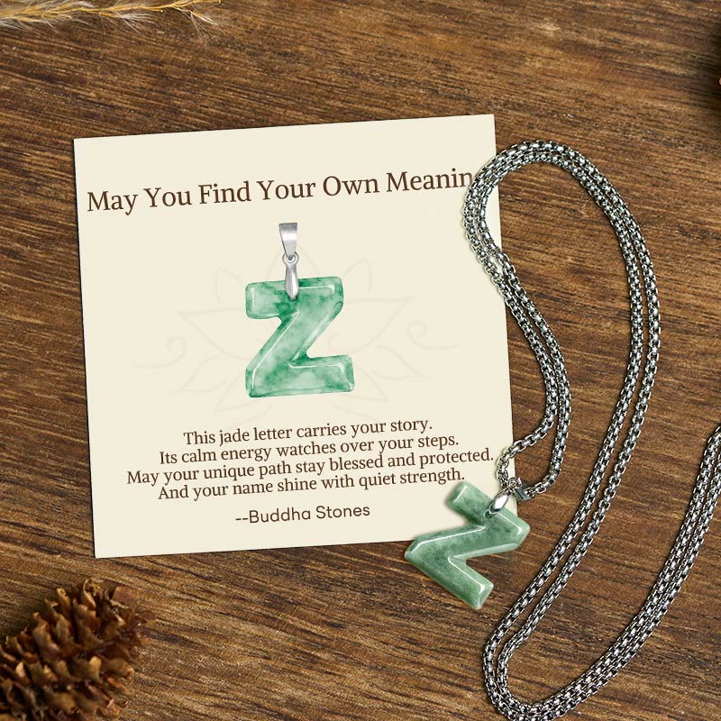 Buddha Stones "May You Find Your Own Meaning" Natural A-Z Letter Jade Titanium Steel Chain Necklace Includes Gift Message Card