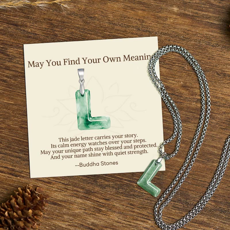 Buddha Stones "May You Find Your Own Meaning" Natural A-Z Letter Jade Titanium Steel Chain Necklace Includes Gift Message Card