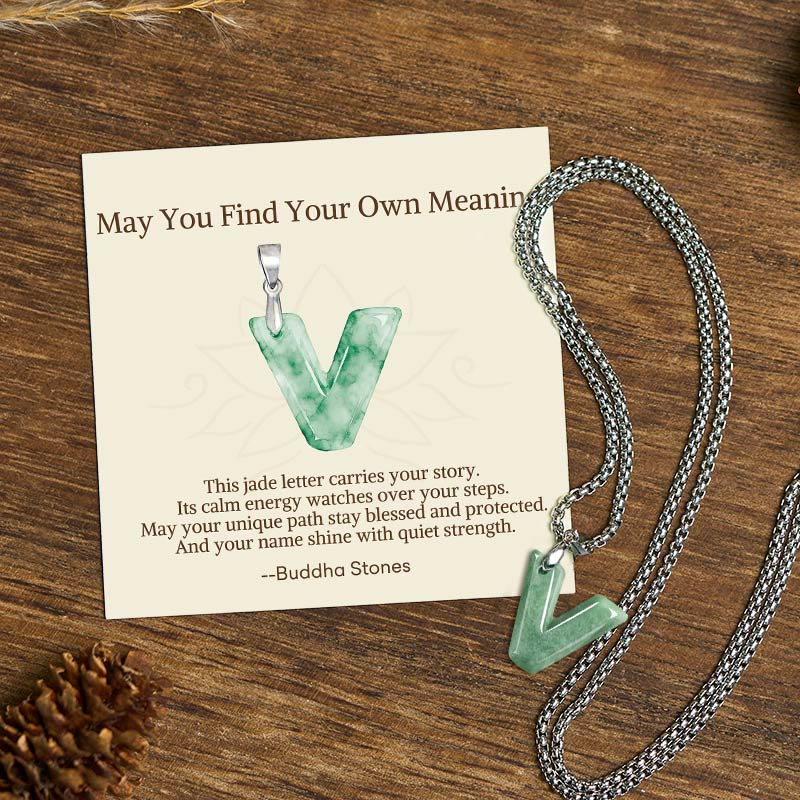 Buddha Stones "May You Find Your Own Meaning" Natural A-Z Letter Jade Titanium Steel Chain Necklace Includes Gift Message Card