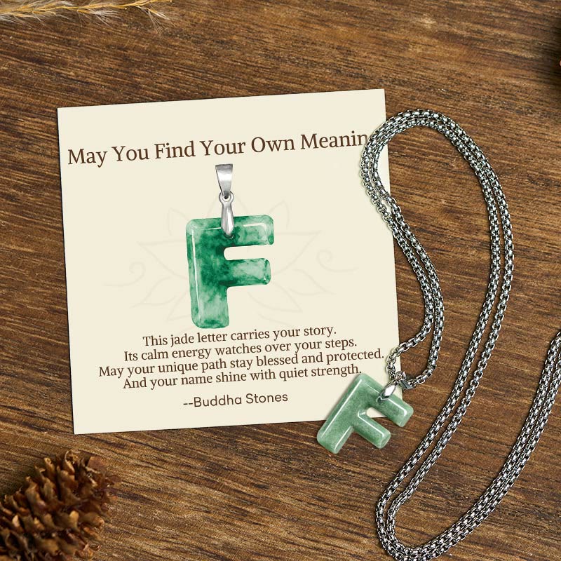 Buddha Stones "May You Find Your Own Meaning" Natural A-Z Letter Jade Titanium Steel Chain Necklace Includes Gift Message Card