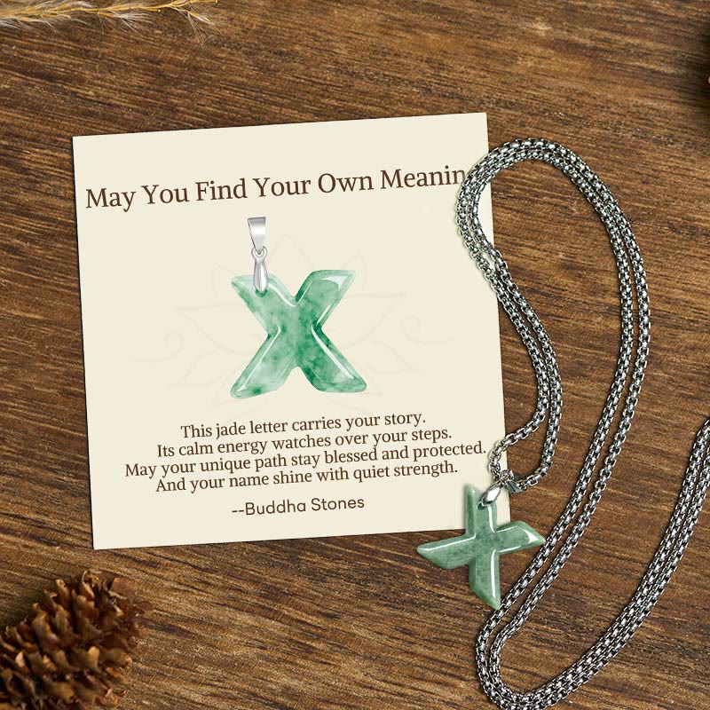 Buddha Stones "May You Find Your Own Meaning" Natural A-Z Letter Jade Titanium Steel Chain Necklace Includes Gift Message Card