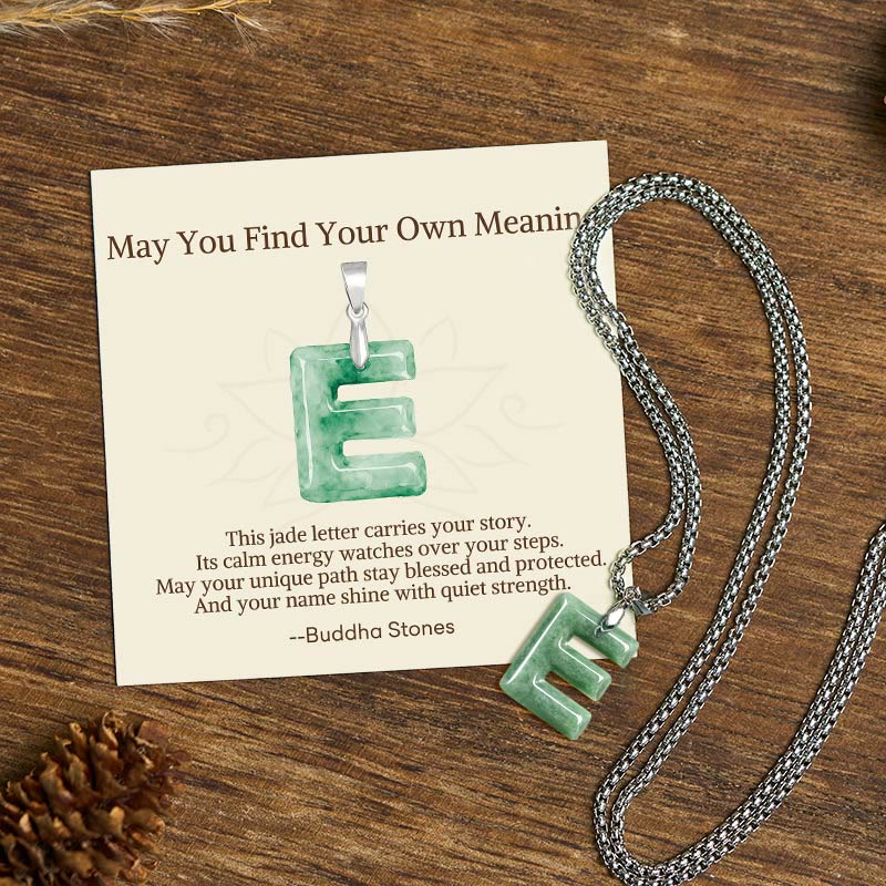 Buddha Stones "May You Find Your Own Meaning" Natural A-Z Letter Jade Titanium Steel Chain Necklace Includes Gift Message Card