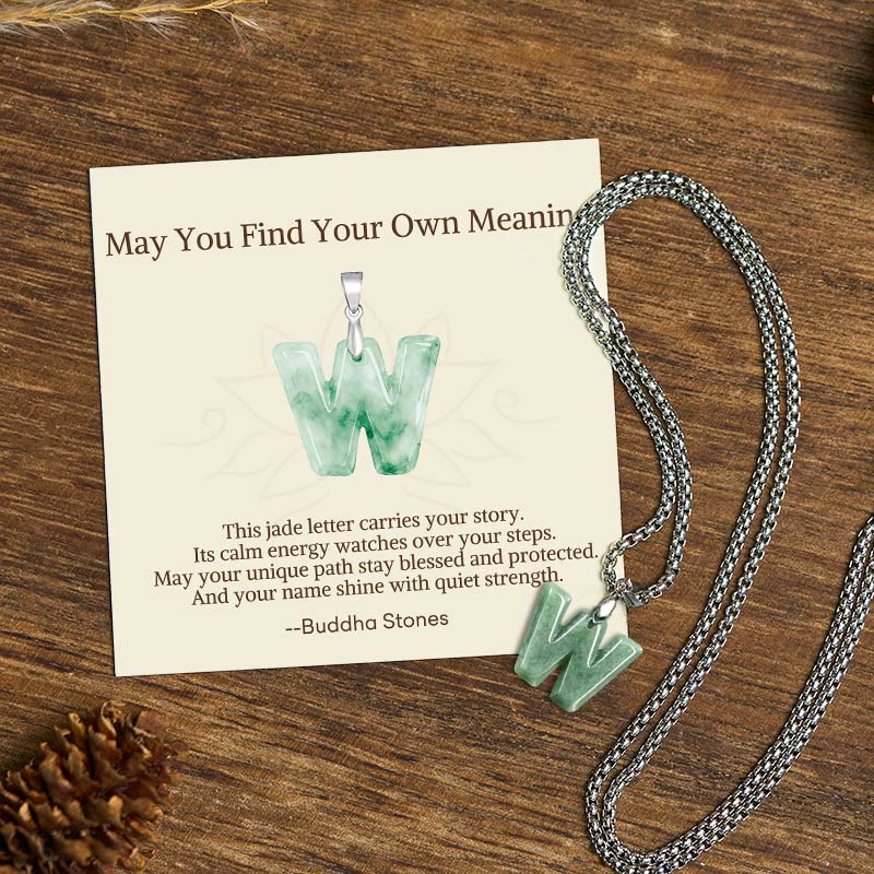 Buddha Stones "May You Find Your Own Meaning" Natural A-Z Letter Jade Titanium Steel Chain Necklace Includes Gift Message Card