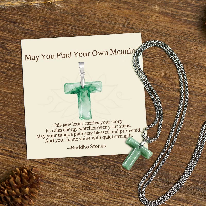 Buddha Stones "May You Find Your Own Meaning" Natural A-Z Letter Jade Titanium Steel Chain Necklace Includes Gift Message Card