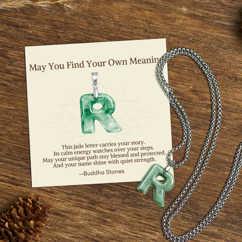 Buddha Stones "May You Find Your Own Meaning" Natural A-Z Letter Jade Titanium Steel Chain Necklace Includes Gift Message Card