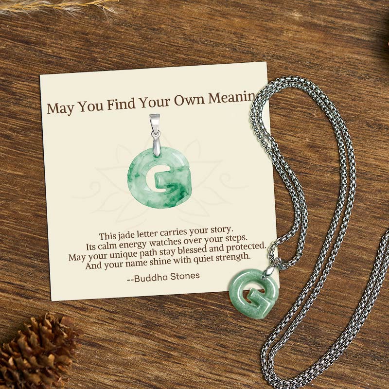 Buddha Stones "May You Find Your Own Meaning" Natural A-Z Letter Jade Titanium Steel Chain Necklace Includes Gift Message Card