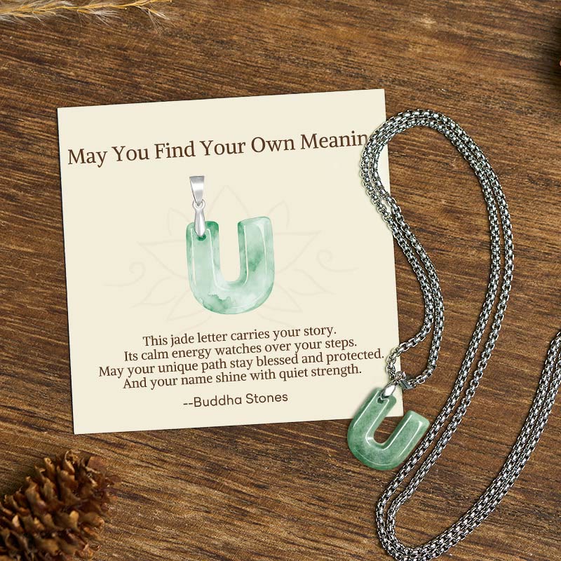 Buddha Stones "May You Find Your Own Meaning" Natural A-Z Letter Jade Titanium Steel Chain Necklace Includes Gift Message Card
