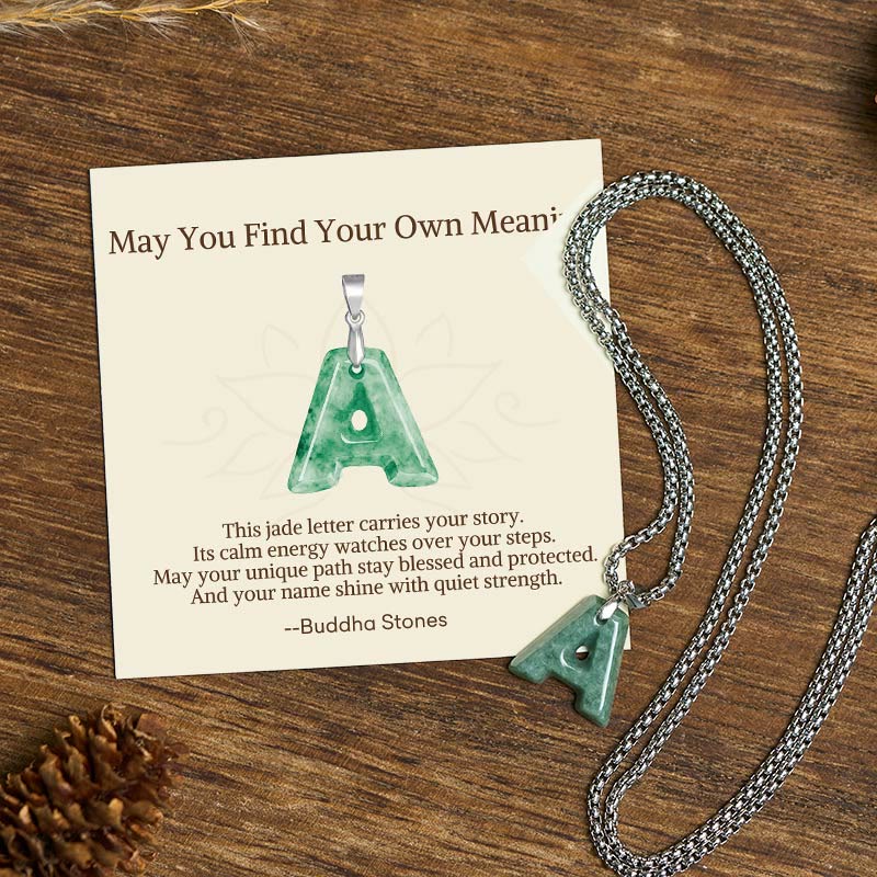 Buddha Stones "May You Find Your Own Meaning" Natural A-Z Letter Jade Titanium Steel Chain Necklace Includes Gift Message Card