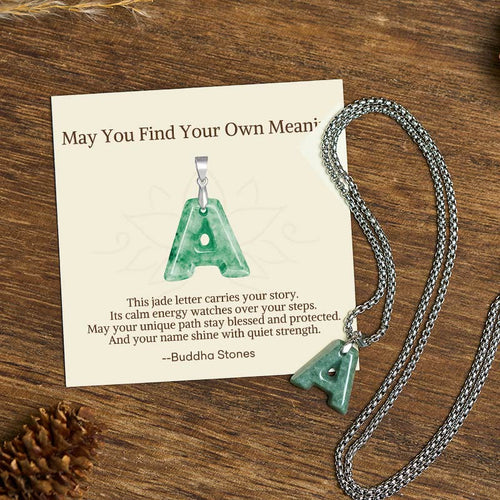 Buddha Stones "May You Find Your Own Meaning" Natural A-Z Letter Jade Titanium Steel Chain Necklace Includes Gift Message Card