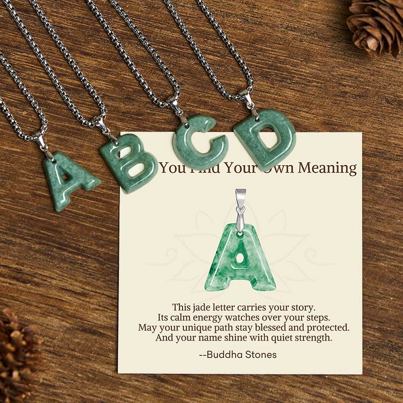 Buddha Stones "May You Find Your Own Meaning" Natural A-Z Letter Jade Titanium Steel Chain Necklace Includes Gift Message Card